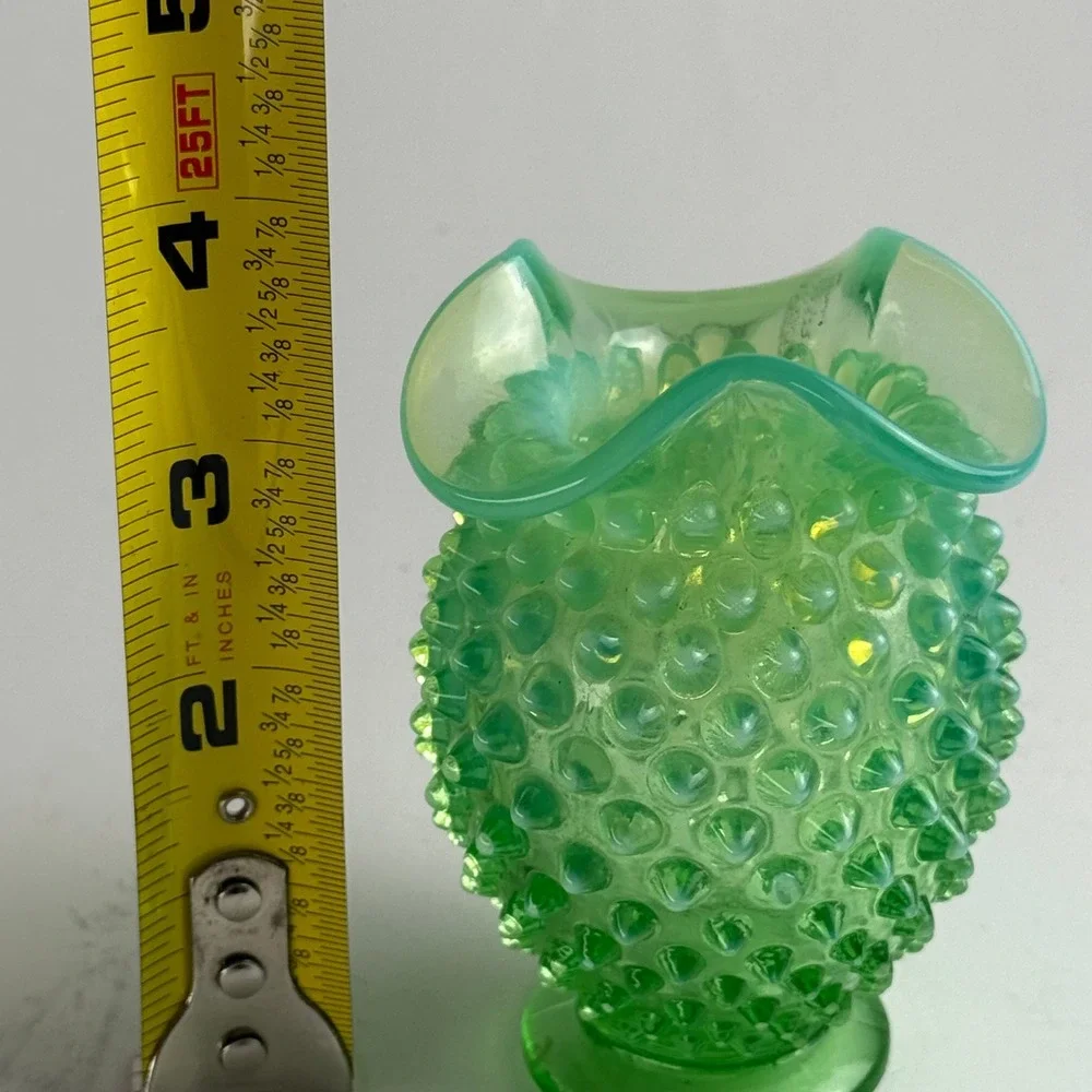 Vtg Fenton Uranium Hobnail Ruffle Vase Green Opalescent 3.5 Inch UV Reactive